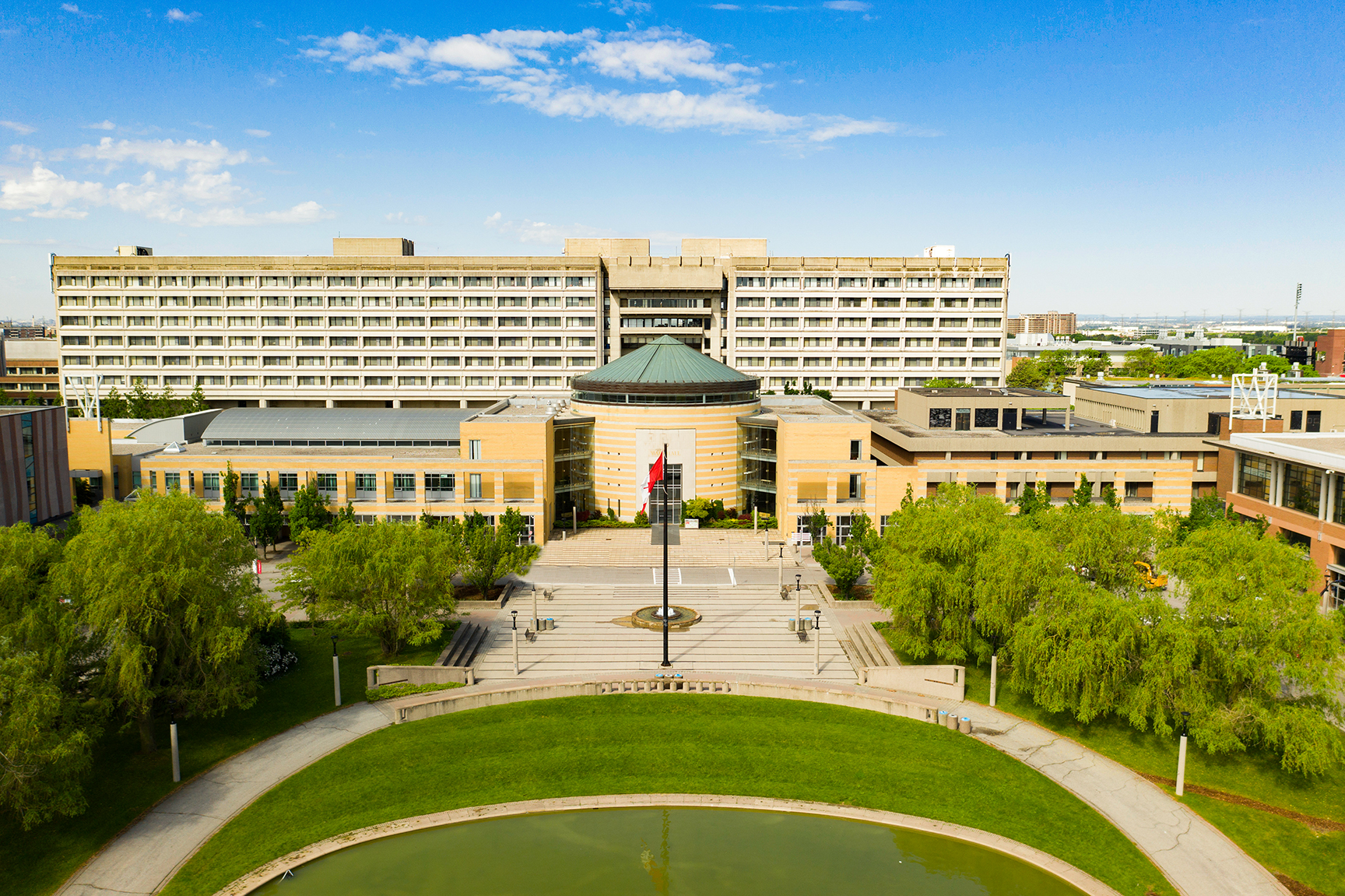 A summer time arial view of the Vari Hall, the Ross Building and the York Commons