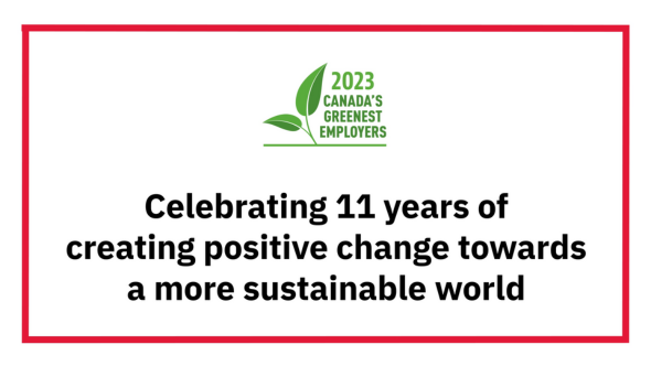 White background with red frame with text "Celebrating 11 years of creating positive change towards a more sustainable world" text in the middle