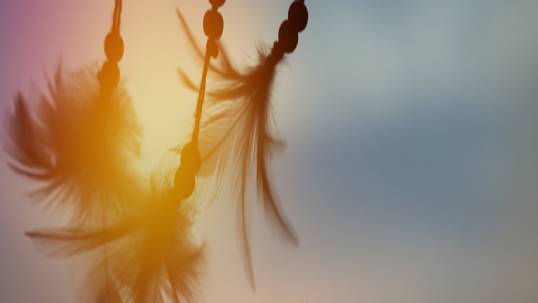 Beaded feathers against a sunset background