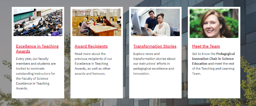 Four graphics highlighting university teaching. Panel 1 (far left): Excellence in Teaching Awards. Panel 2 (mid left): Award Recipients. Panel 3 (mid right): Transformation Stories. Panel 4 (far right): Meet the Team.