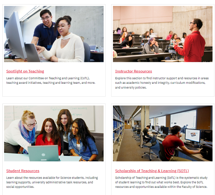 Four graphics on teaching & learning. Panel 1 (top left): Spotlight on teaching. Panel 2 (top right): Instructor Resources. Panel 3 (bottom left): Student Resources. Panel 4 (bottom right): Scholarship of teaching and learning.