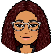 Cartoon image of woman with glasses and curly hair.