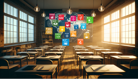 A classroom with individual desks looking toward each of the SDG stickers