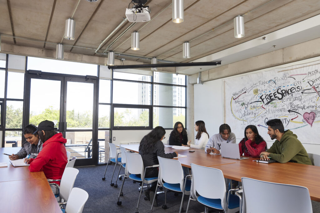 multiple groups of diverse individuals working together in community with a concept map mural in the background with central word FREE SPACe(s)