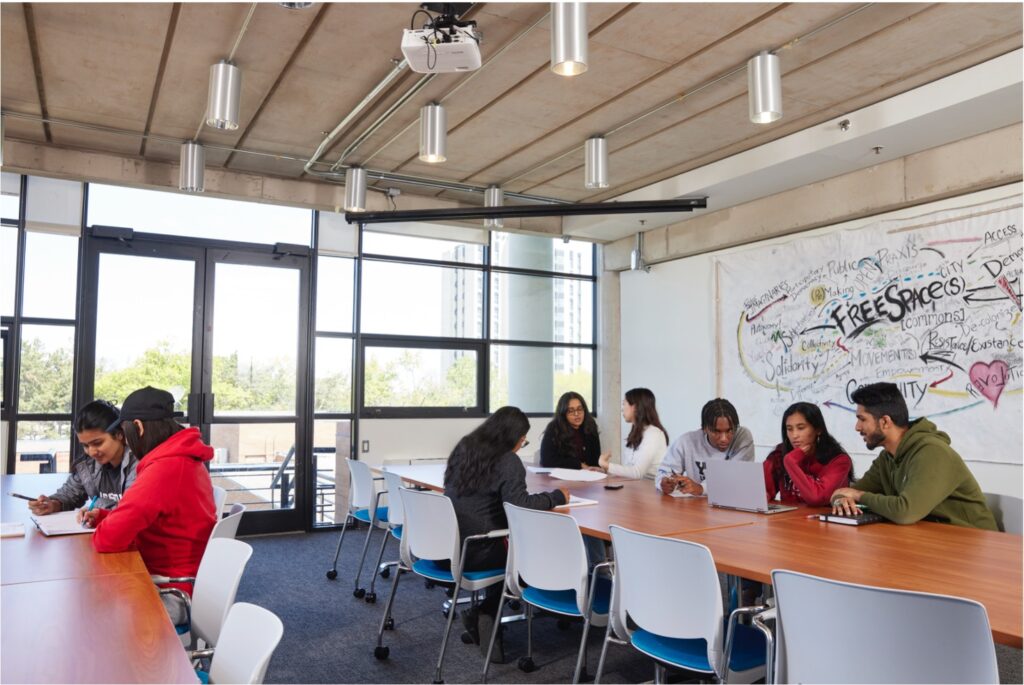 a room with small groups of students collaborating and behind them a mural on the wall with keywords like freespaces, solidarity, etc.