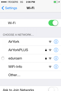 Screenshot of available wifi networks
