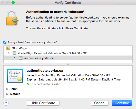Screenshot of certificate to accept