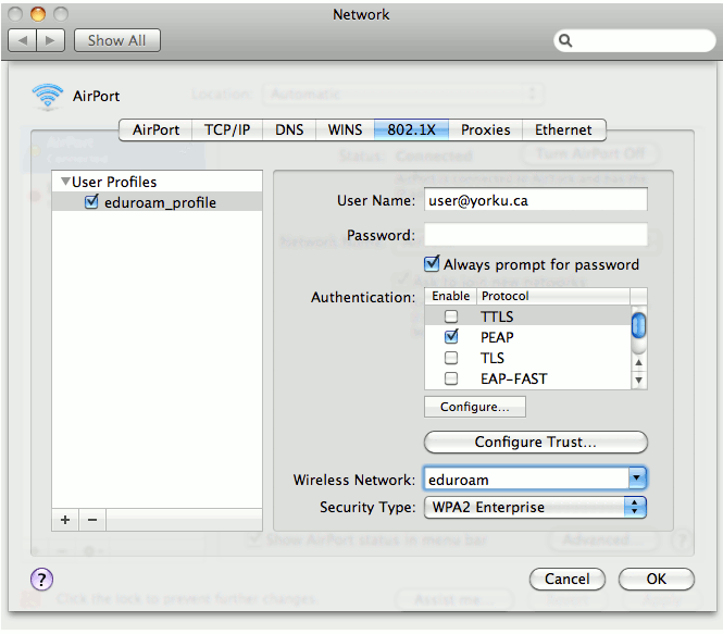 Screenshot of network settings with eduroam profile selected
