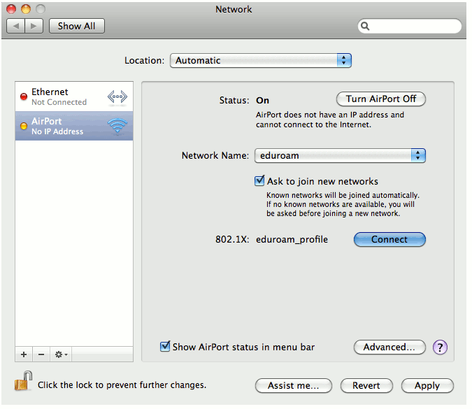 screenshot of network settings with eduroam network selected