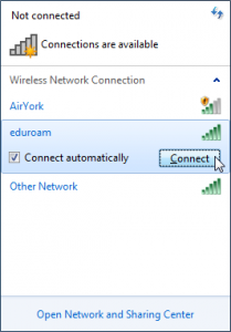 Screenshot of available wifi connections