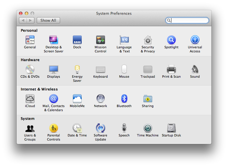 Screenshot of System Preference Window