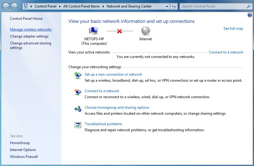 Screenshot of network and sharing centre