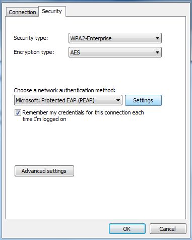 Screenshot of network authentication method selected