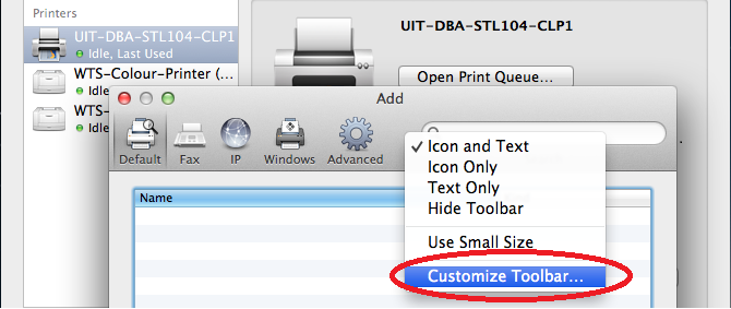 Screenshot of Customize Toolbar selected
