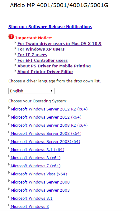 Screenshot of list of Ricoh printers