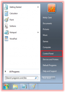 Screenshot of selecting control panel