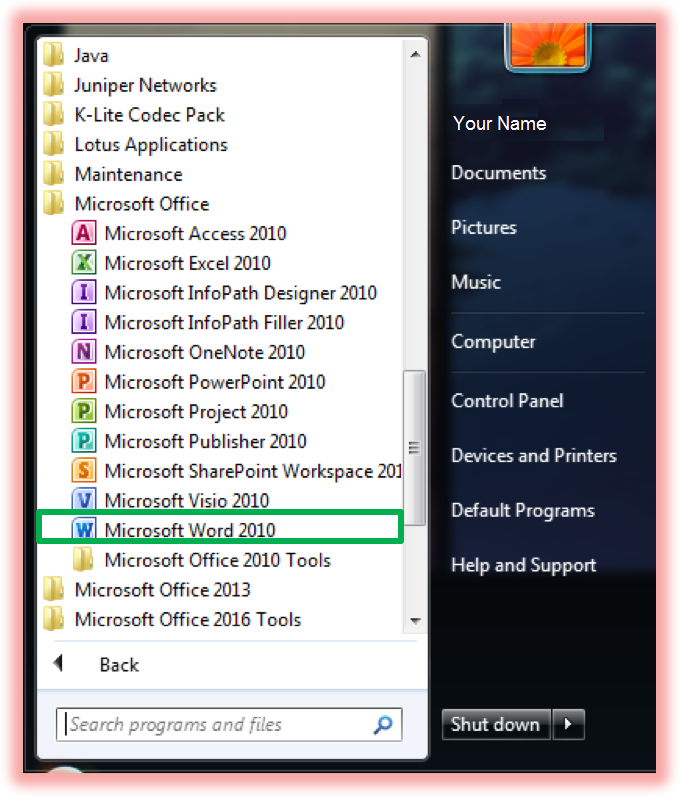 Screen shot of list of applications with MS Word 2010 selected