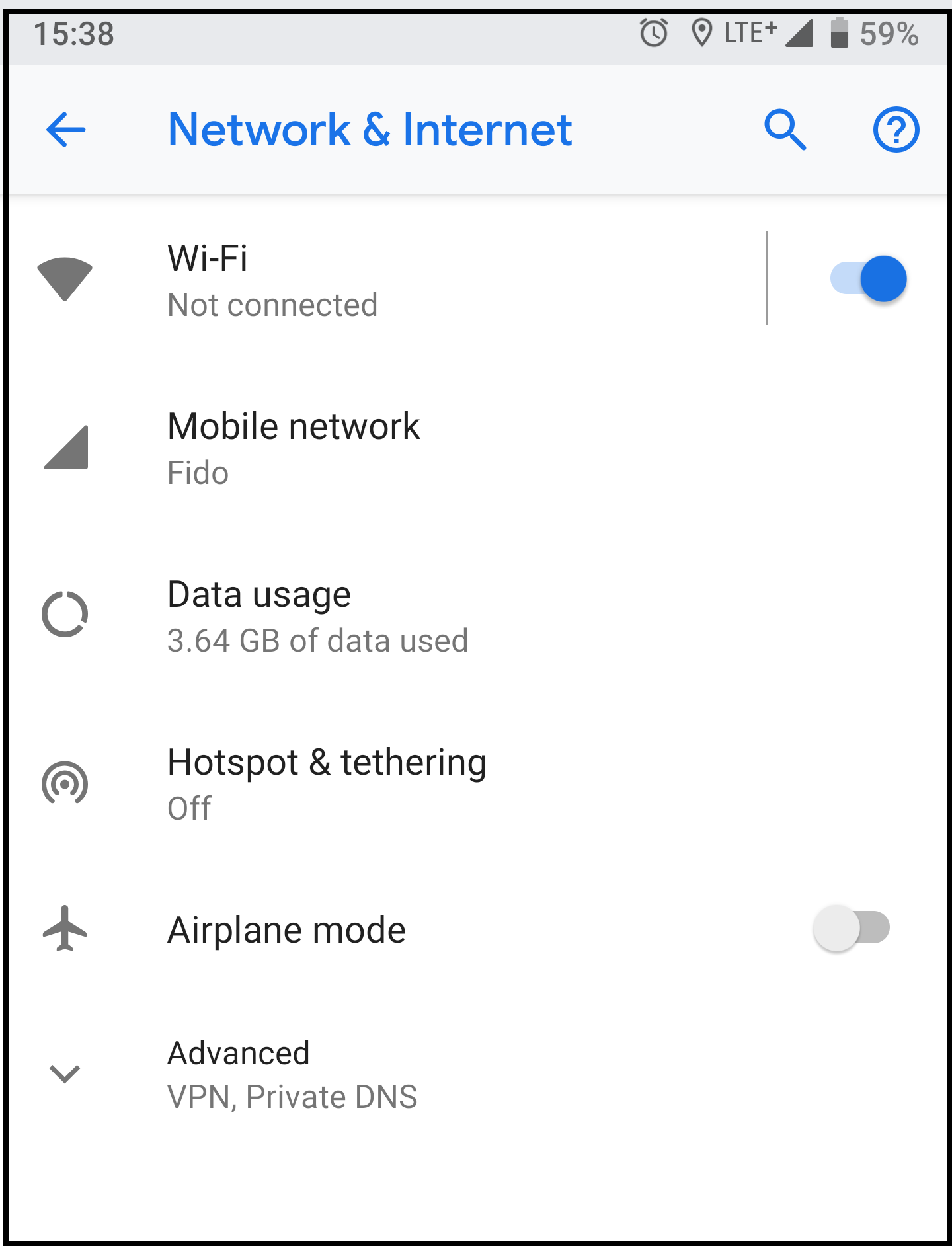 Screenshot of Network & Internet settings