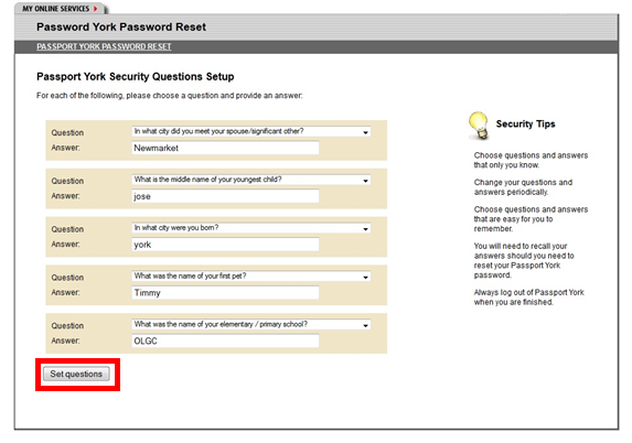 Screenshot of window showing Passport York security questions 