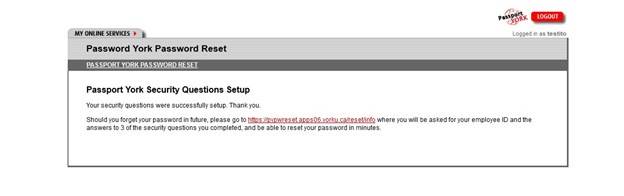 Screenshot of window stating that Passport York Security Setup questions were successful
