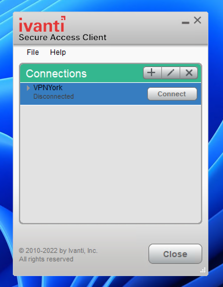 Screenshot of Pulse Secure window with VPN Profile already added