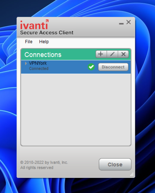 Screenshot of the Pulse Secure window when connected to VPN