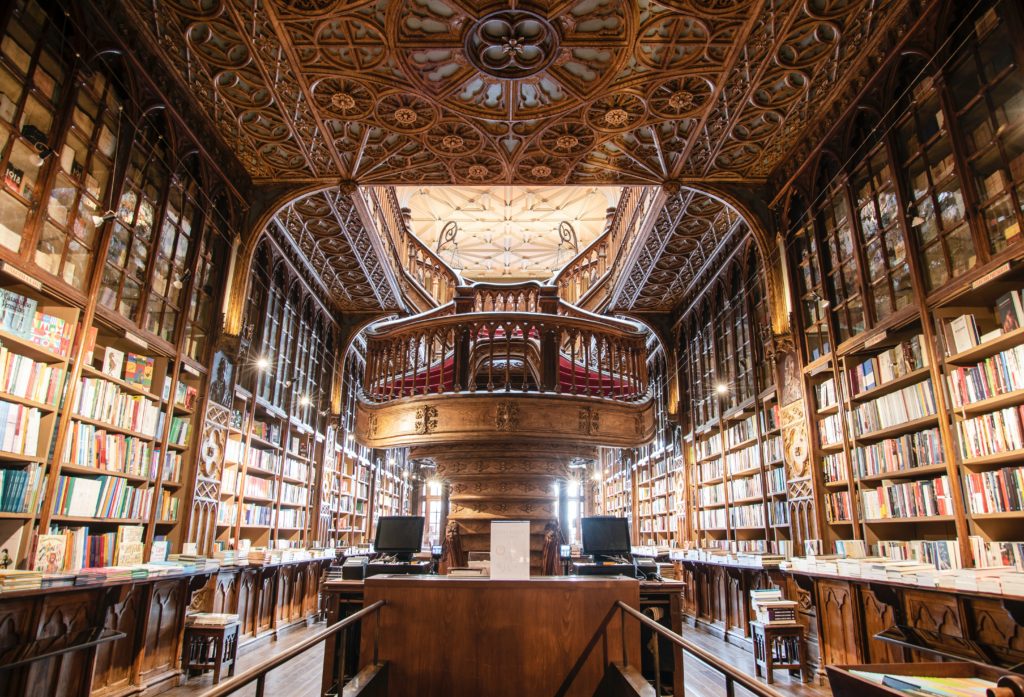 This is a decorative image that shows the interior of an ornately designed library with wood shelves and wooden carved ceiling