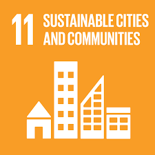 This is a logo of SDG goal #11 Sustainable cities and communities written in white letters in an orange square