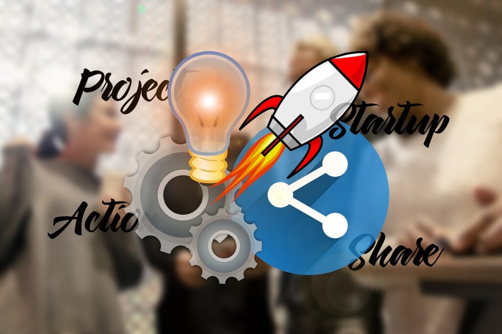 This is a decorative image of the words project, action, startup and share with a wheel, rocket ship and lightbulb in the foreground that represents experiential education resources