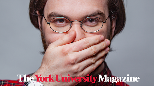 person with hand on mouth with title The York University Magazine