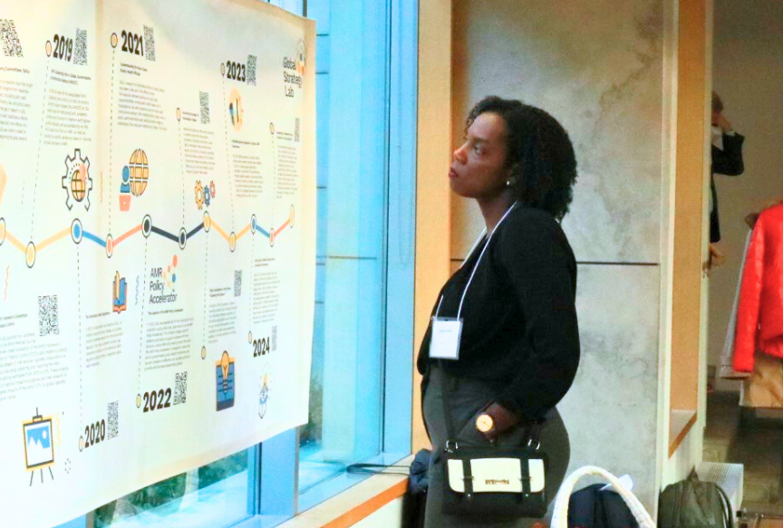person looking at poster