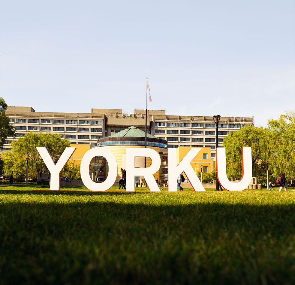 Large letters spelling "York U" are shown on the campus grounds.