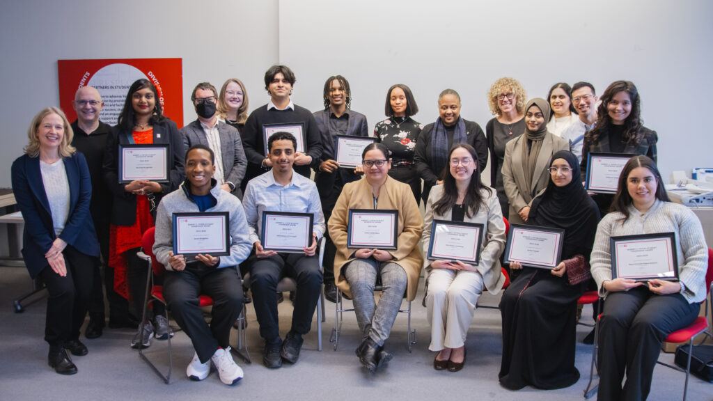 Photo description: Robert J. Tiffin Student Leadership Award recipients and some of their nominators Award recipients (back row L to R): Narmada Murugarajan, Arjun Punia, Nebiyou Timotewos, Catherine Tsasis Award recipients (front row L to R): James Ehiagwina, Abdulrahman Al-Humiqani, Amina Fadzha Abam, Claire Regina Kurniawan, Amina Yaqoob, Maria Fernanda Aispuro Ramirez Missing: Umael Qudrat