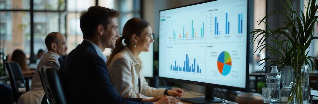 business people looking at graphs data banner