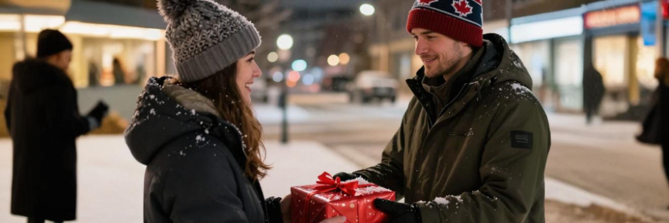 two people gifting holiday present