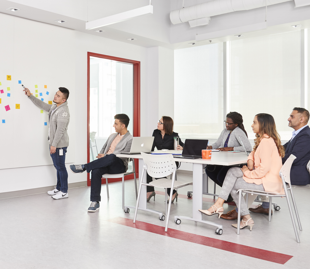 Man at whiteboard with five people sitting at table.