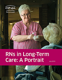 "RNs in Long-Term Care: A Portrait" report cover. A nurse speaking with an older adult in LTC.