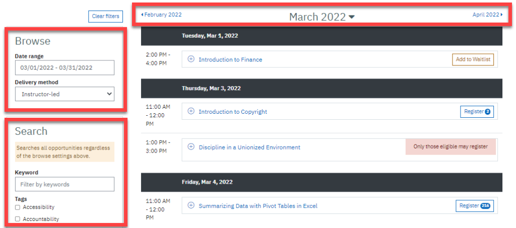 Learning Opportunities page highlighting the month browser, date picker, and keyword and tag search tools