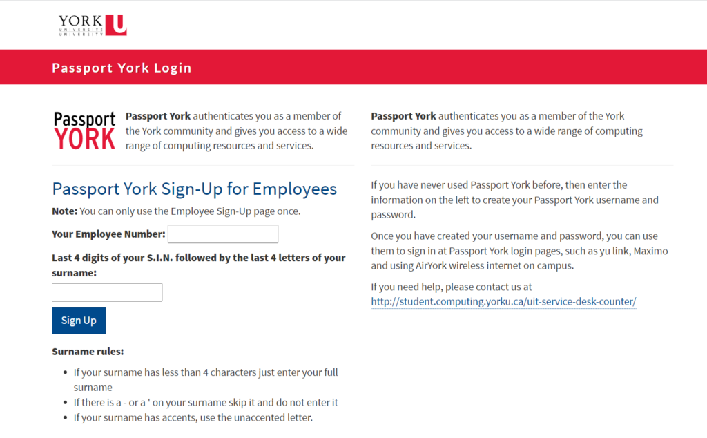 York University Passport York sign-up screen for employees