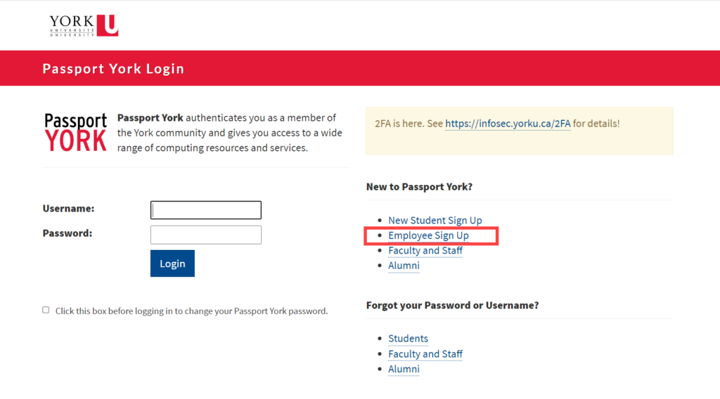 York University Passport York login screen showing sign-up options on the right