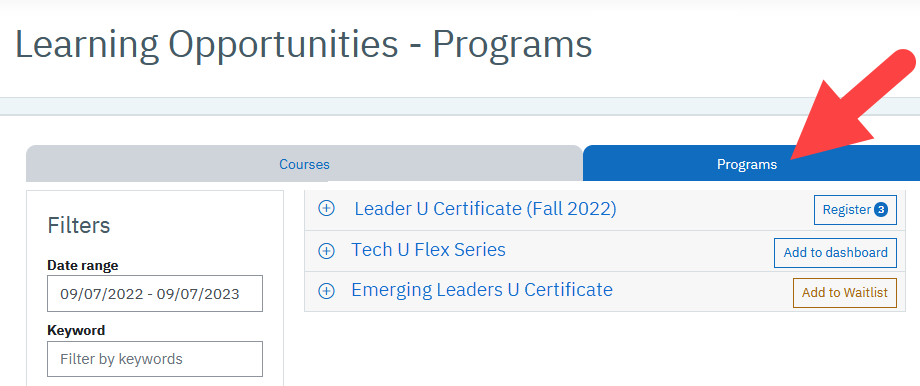 The programs list on the Learning Opportunities page