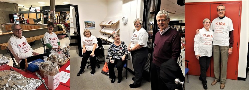 Collage of 3 photos of YURA volunteers, most wearing YURA t-shirts; one photo has volunteers at a Showcase bake table; the other two are of volunteers in the YURA office